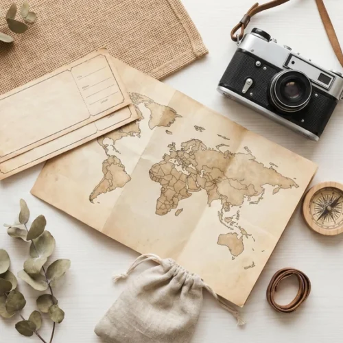 Travel Map Camera Tickets Flat Lay Background