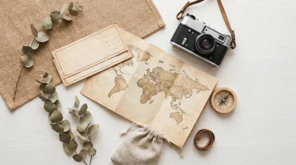 Travel Map Camera Tickets Flat Lay Background