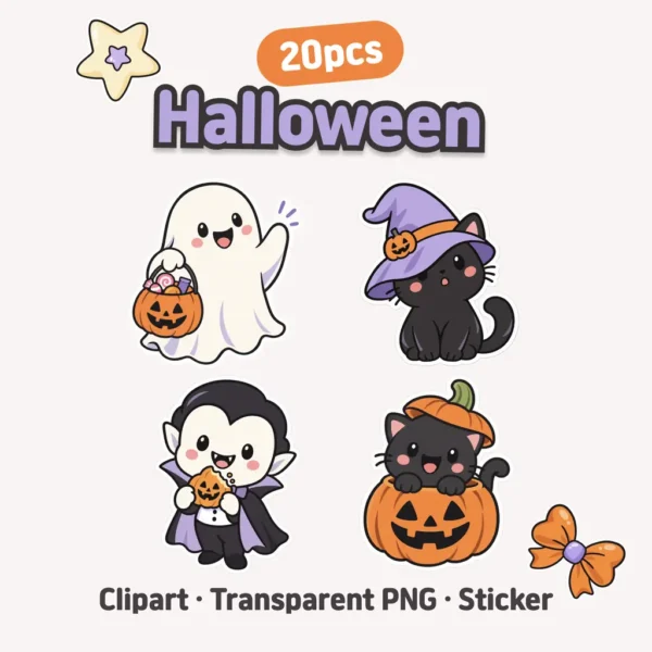 Cute Halloween PNG Sticker Pack, Ghost Pumpkin Black Cat Clipart, Digital Planner Stickers, Transparent Background