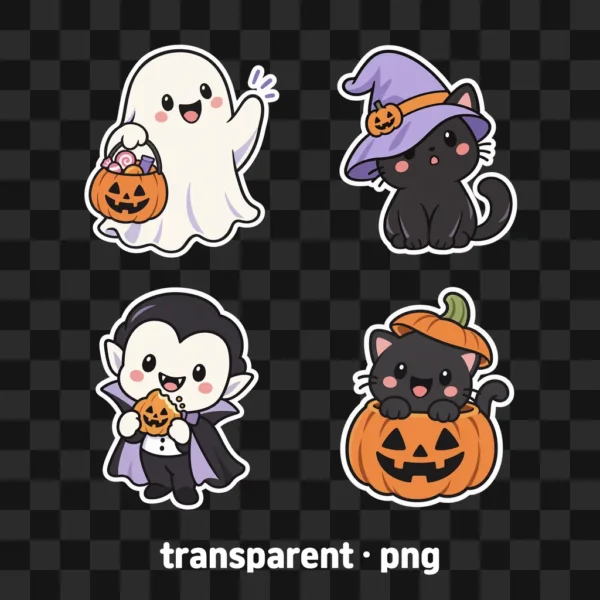Cute Halloween PNG Sticker Pack, Ghost Pumpkin Black Cat Clipart, Digital Planner Stickers, Transparent Background