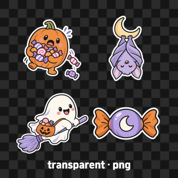 Cute Halloween PNG Sticker Pack, Ghost Pumpkin Black Cat Clipart, Digital Planner Stickers, Transparent Background