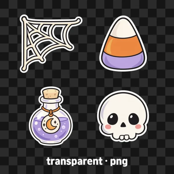 Cute Halloween PNG Sticker Pack, Ghost Pumpkin Black Cat Clipart, Digital Planner Stickers, Transparent Background