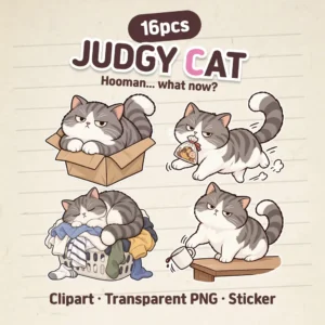 Judgy Cat Digital Stickers, 2D flat cat clipart, goodnotes stickers, cute png, cat digital journaling set, transparent