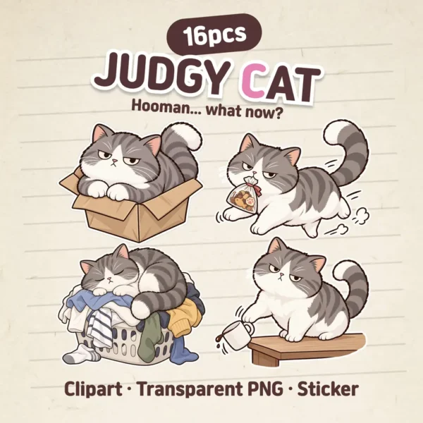 Judgy Cat Digital Stickers, 2D flat cat clipart, goodnotes stickers, cute png, cat digital journaling set, transparent