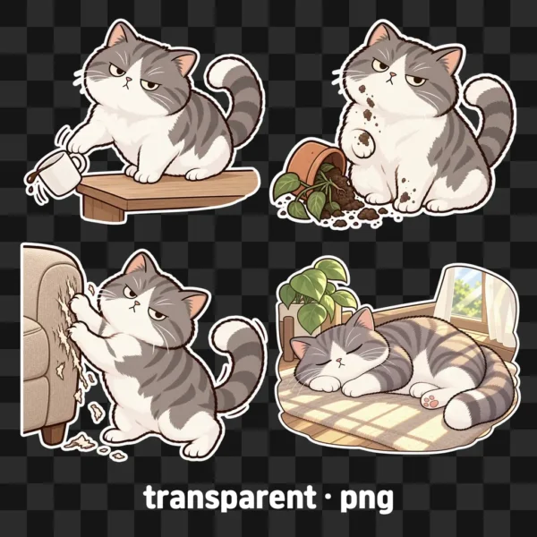 Judgy Cat Digital Stickers, 2D flat cat clipart, goodnotes stickers, cute png, cat digital journaling set, transparent