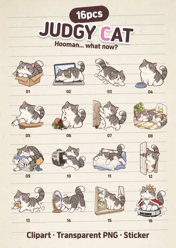 Judgy Cat Digital Stickers, 2D flat cat clipart, goodnotes stickers, cute png, cat digital journaling set, transparent