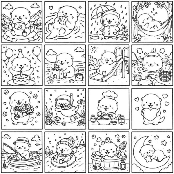 16 Cute Otter Coloring Pages, Hand-Drawn Printable Coloring Book PDF