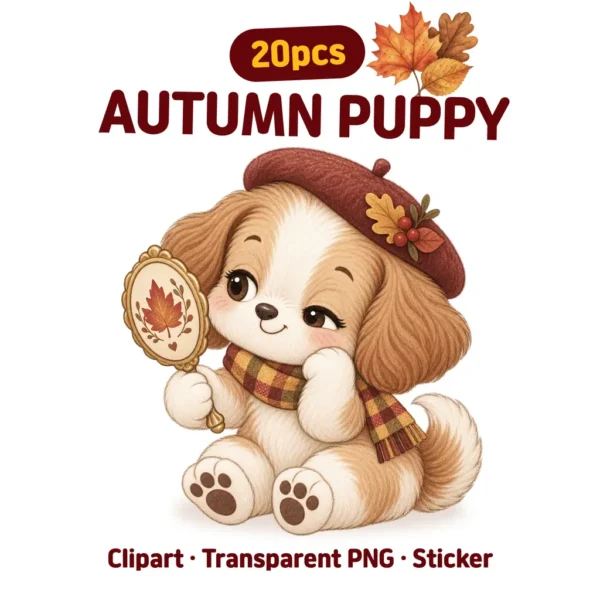 20 Autumn Puppy Clipart PNG, Cute Fall Dog Stickers, Cozy Puppy Digital Download, Kawaii Dog Illustrations