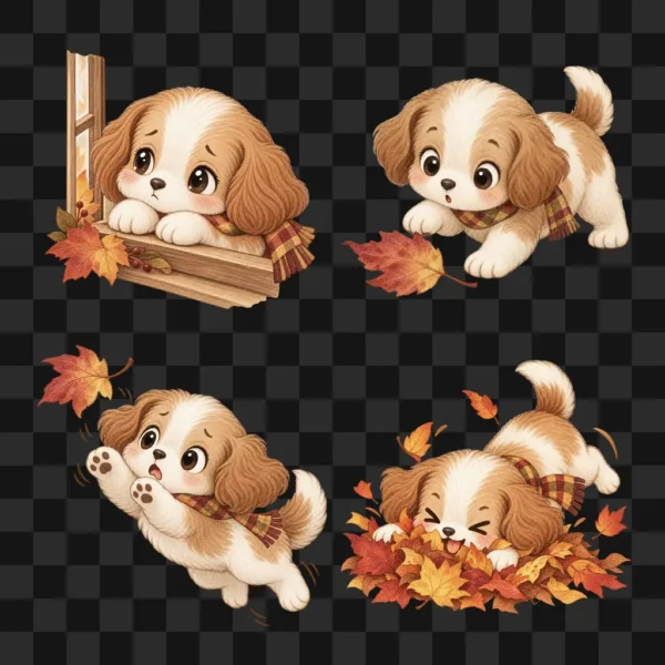 20 Autumn Puppy Clipart PNG, Cute Fall Dog Stickers, Cozy Puppy Digital Download, Kawaii Dog Illustrations