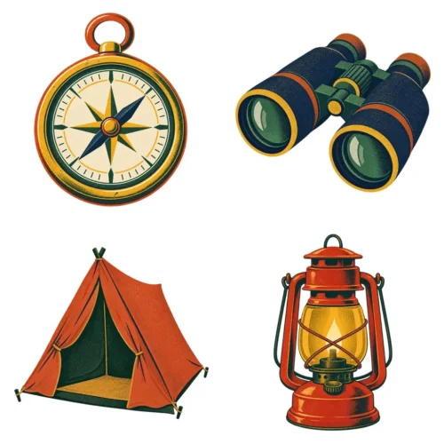 Autumn Camping Clipart Set | Tent, Compass, Binoculars, Lantern, Backpack, Campfire & Fall Nature Illustrations