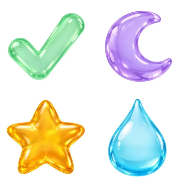 Glossy Jelly 3D Icon Set | Glass Target, Location Pin, Check Mark, Star, Moon, Smiley & Cute UI Symbols