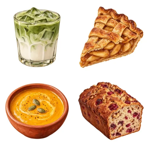 Cozy Autumn Food Clipart Set | Pancakes, Apple Pie, Cinnamon Roll, Pumpkin Soup, Sweet Potato & Fall Bakery Illustrations