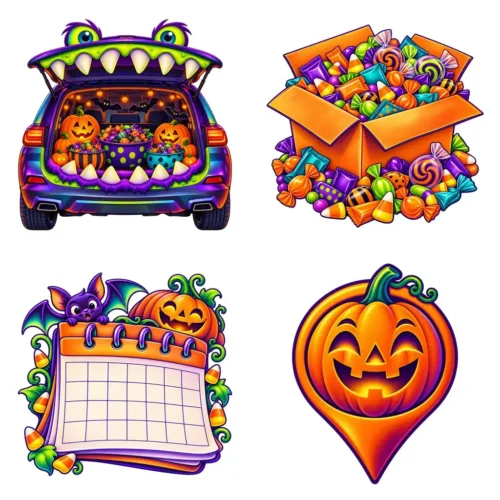 Trunk or Treat Event Flyer Clipart & Digital Stickers, 90s Airbrush Transparent PNG, 12 Images for School Church PTO
