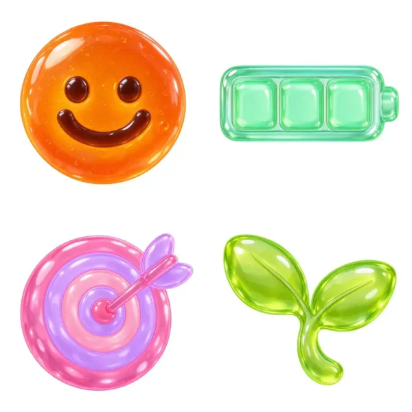 Glossy Jelly 3D Icon Set | Glass Target, Location Pin, Check Mark, Star, Moon, Smiley & Cute UI Symbols