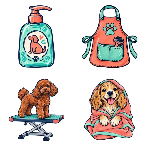 Dog Groomer Service Menu Doodle Clipart, Digital Stickers, 12 Images, Transparent PNG for Pet Salon Marketing