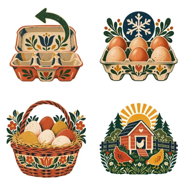Farm Fresh Egg Carton Label Clipart & Digital Stickers, Scandinavian Folk Transparent PNG, 12 Images for Homestead Branding